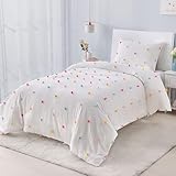 Twin Size Tufted Pom Poms Bedding Set for Girls 2 Piece Kids Comforter Set White Boho Jacquard Quilt Set Bed in A Bag Lightweight Duvet Bed Set for Kids Teen Girls Women Bedroom Decor with Pillowcase