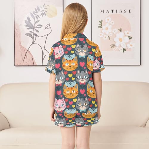 ALAZA Funny Stylish Cat Kitten Heart Pajamas Satin Pajama Set Short Sleeve Button Down Sleepwear4