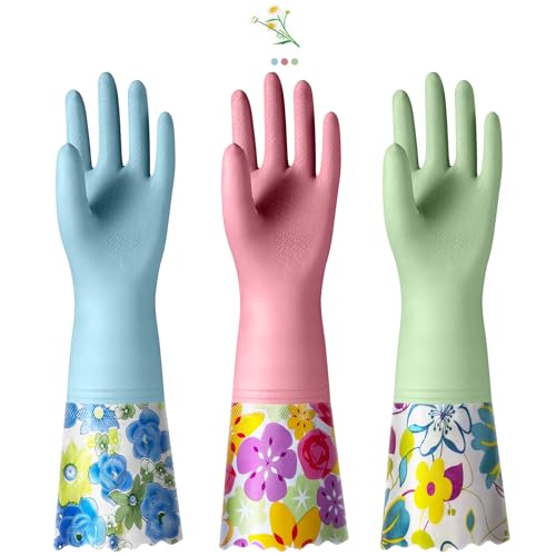 KAQ 3 Pairs Dishwashing Cleaning Gloves, Reusable Long Rubber Gloves with Cotton Lining, Latex Free Dish Washing Gloves, Water Resistant Household Glove for Kitchen Bathroom(Medium)