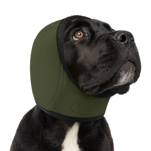 Image of Dog Calming Hoodie No Shake Dog Ear Wraps Water Resistant Ear Cover | Anxiety Relief Ears MuffsNoise Protection for Firework, Grooming, Thunderstorms, Swimming, Bathing, ArmyGreen L