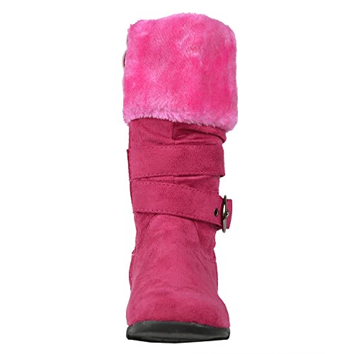 Kids Mid Calf Boots Fur Cuff Heart Buckle Accent Casual Comfort Shoes Pink3
