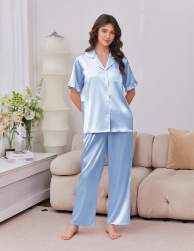 Image of Ekouaer Silk Satin Pajamas for Women Set 2 Piece Short Sleeve Button Up Pjs | Two Side Pockets,Soft Bridesmaid Lounge Set,Bridal Ruffle Sleepwear,Wedding Party,Honeymoon Vacation,Postpartum