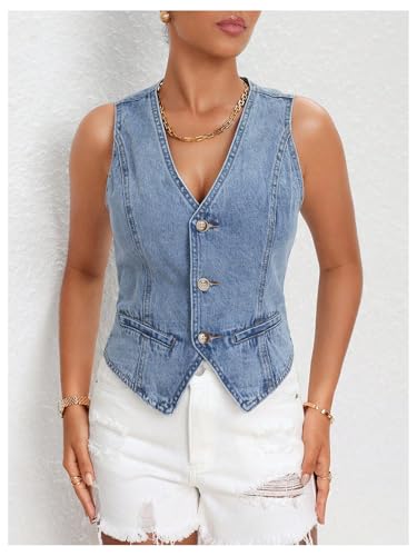 MakeMeChic Women's Jean Vest Top Y2k V Neck Sleeveless Denim Top Single Breasted Crop Jacket Cowboy Chic4
