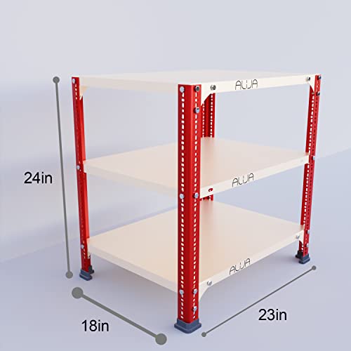 Image of ALIJA️ Slotted Angle Metal Rack (2 x 2 x 1.5 Ft. / 24 x 23 x 18 Inch) with 3 Shelves (Red and Ivory, 20 Gauge Shelves, 14 Gauge Angle)