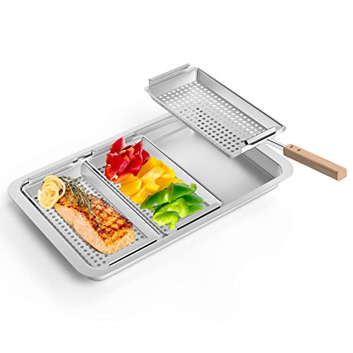 WELL GRILL 3 in 1 Edelstahl Grillkorb Gasgrill Zubehör für Veggie, Fisch, Fleisch und Gemüse, Universell Grillschalen Grillpfanne für Weber, Char-Broil, Brinkmann, Uniflame und Holzkohle Grills Cover