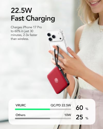 Image of VRURC 10000mAh Portable Charger Power Bank Built-in Cables | Travel Essentials,22.5W Fast Charging,LED Display,Slim,for iPhone 17 /16 /15 Series & Samsung Series,Battery Pack-Red
