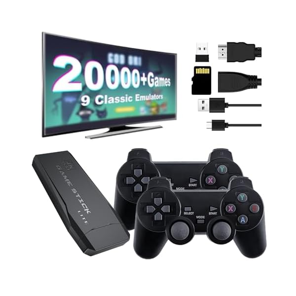 Wireless Retro Game Console, Plug and Play Video Game Stick, Nostalgia Stick Game, 9 Emulators, with 20000+ Games Built-in, 4K HDMI Output, Dual 2.4G Wireless Controllers, 64G