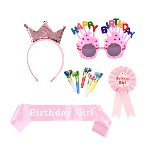 AYNKH Kit de fiesta de cumpleaños rosa de 9 piezas – Gafas divertidas, corona, banda, insignia y 5 silbatos de colores para niños y adultos