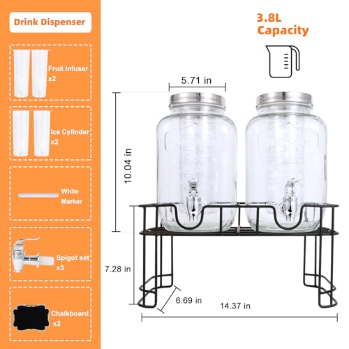Mr.Kiangci YR 1 Gallon Glass Drink Dispensers For Parties-Set Of 2,Drink Dispenser With Ice Core,Fruit Infuser & Stand,Juice Or Beverage Dispenser thumb #1