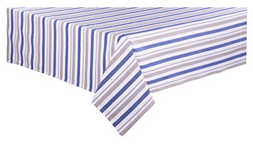 AJS Living Mercerised Fabric Cotton TC Check Design Rectangle 6 Feet Table Cloth Cover for Home/Office/Hotel Dining Bench, 4-6 Seater, 140 x 180 cm, Blue & Beige Stripe