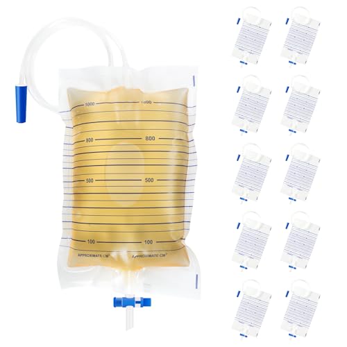 10 Packs Urinary Leg Bags 1000ml Urinary Drainage Bags with Easy Drain T Tap Switch and Anti-Reflux Valve Night Bags Easy Flip Drain Urine Bags