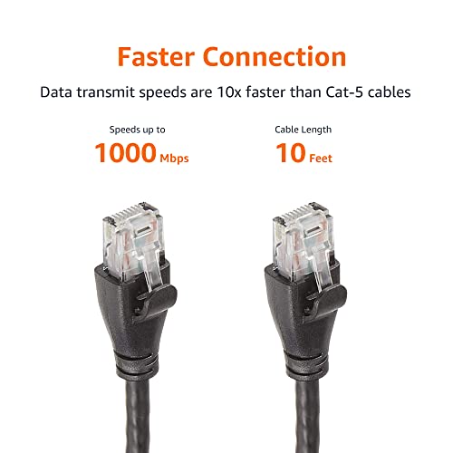 Image of Amazon Basics RJ45 Cat-6 Ethernet Patch Cable, 1Gpbs Transfer Speed, Gold-Plated Connectors, Network Cable for Gigabit Internet, 10 Foot, Black, 5-Pack
