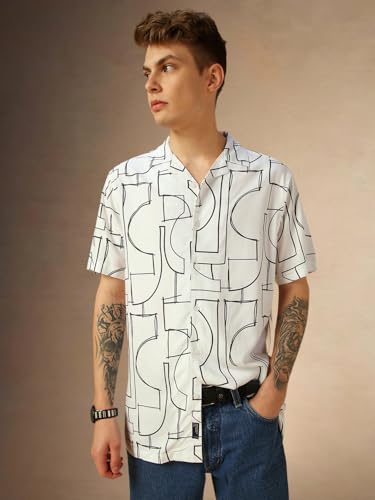 Image of Dennis Lingo Men Blue Printed Viscose Relaxed Fit Half Sleeve Shirts