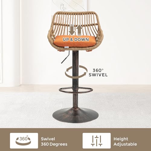 Butacos giratorios de ratán PE, ajustables en altura, set de 2 unidades, con respaldo tejido y asiento tapizado, estilo retro, color naranja miniatura 3