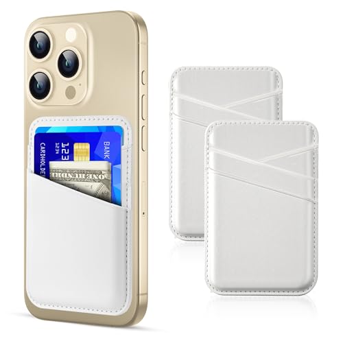SHANSHUI Phone Wallet Leather Phone Card Holder Strong Adhesive Stick on Credit ID Business Card Pocket for Back of Cellphone Compatible with iPhone Most Smartphones White 2 Pack
