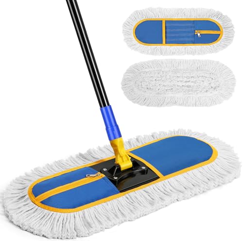 16 Inch Commercial Dust Mop for Floor Cleaning - Industrial Wet Dry Broom with 2 Washable Mops Pads for Hardwood Vinyl Laminate Floors Warehouse Courtyard Cleaning,Blue