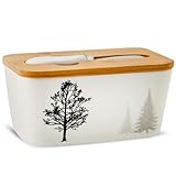 Hasense Large Butter Dish, Ceramic Butter Dish with Lid and Knife, Farmhouse Butter Holder for Kitchen Countertop, Butter Keeper Container with Tree Shadow Design , White