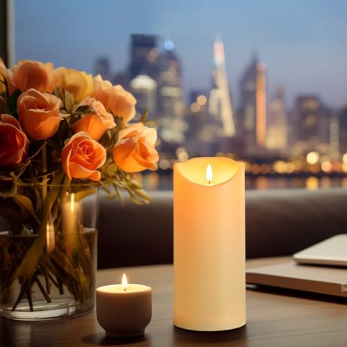Image of Outdoor Flameless Candles With Remote Waterproof LED Pillar Candles Set | 9x4 Inch Waterproof Design, Flickering LED Glow, Timer Remote Control, Battery Operated Candles For Patio, Porch & Lanterns