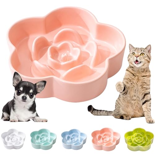陶器 早食い防止 食器 犬 猫 早食い防止 食器 小型犬 中型犬 【電子レンジ&食器洗浄機対応】【梅の花の凹凸設計】【滑り止】早食い防止 犬 餌入れ 防止吐き戻し 早食い防止 犬 餌皿 可愛い 早食い防止 犬 フードボウル 早食い防止 犬 ご飯皿 (ピンク