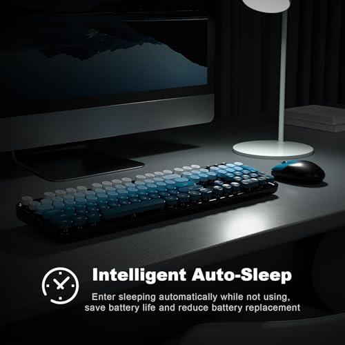 Image of Wireless Keyboard and Mouse Combo, 2.4GHz Gradient Colorful Full-Size Retro Typewriter Keyboard with Wireless Mouse for PC /Desktop /Laptop /Windows (Black Blue)