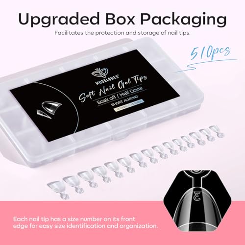 Image of Modelones Short Almond Nail Tips - 510Pcs Half Cover Fake Gel Tips Pre-shaped Clear Acrylic Gel Kit False Extra Short Press on Nails for Extension DIY Salon 15Sizes
