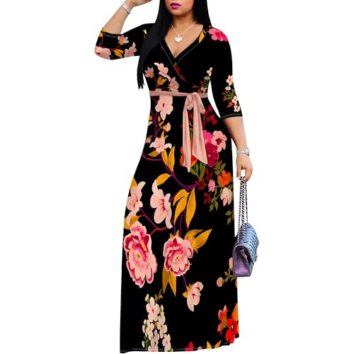 Women's Print Maxi Dresses 3/4 Sleeve Flowy Long Dress V Neck Wrap Tie Waist Sundress2