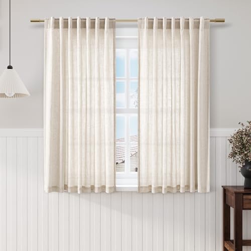 Image of Beige Linen Sheer Curtains 54 Inch Length 2 Panel Set Back Tab Pocket Semi Sheer Light Filtering Short Curtain Soft Elegant Aesthetic Small Window Drapes for Bathroom 52x54 inches Long
