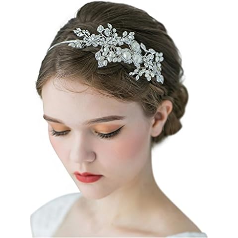 SWEETV Handmade Pearl Wedding Headbands for Women, Silver Rhinestone Hair Band Bridal Headpiece, Hair Jewlery Accessories Cover