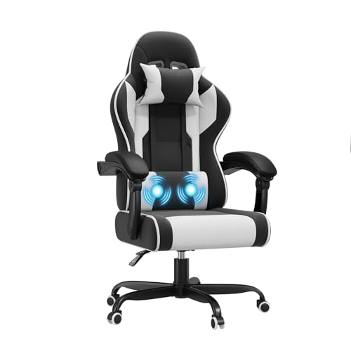 JUMMICO Gaming Stuhl mit Massagefunktion, Bürostuhl Ergonomisch 150kg, Gamer Stuhl mit 50 cm Extrabreites Sitzkissen, Weiß Schwarz