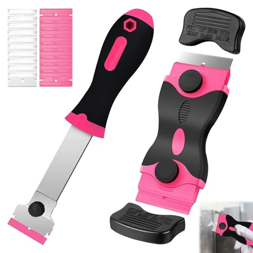 22PCS Non Scratch Scrapers Cleaning Tool, 1 Double Edged Glass Scraper and 1 Long Handle Scraper with 10 Metal and 10 Plastic Accessories, Surface Scrapers for Removing Grease Labels Paint Stickers