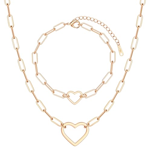 Adramata Damen Herz Kette Armband Set Stapeln 18K Vergoldet Wasserfest Edelstahl Schmuck Paperclip Armband Halskette Damen