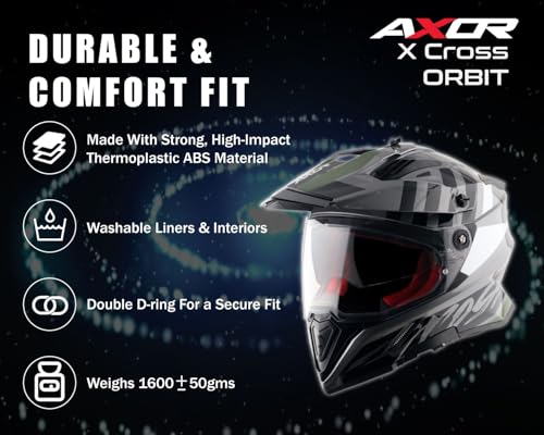 Image of Axor X-Cross Orbit ISI ECE and DOT Certified Premium Off-Road Full Face Helmet with Pinlock Fitted Dual Visors and Stylish Peak-Athena Grey Black-M