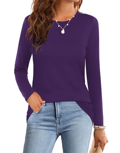 Elesomo Long Sleeve Shirts for Womens Crewneck Tshirt Casual Tee Tops, Purple XL