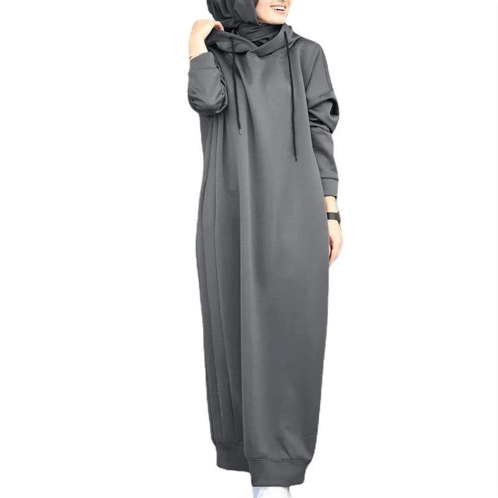 Vrouwen Moslim Jurk Dubai Jilbab Kaftan Solid Losse Volledige Cover Islamitische Polyester Jurk, Grijs, XXL