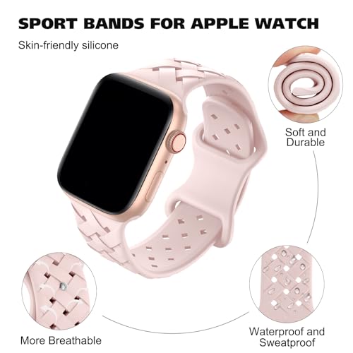 Image of Silicone Braided Weave Bands Compatible with Apple Watch 38mm 40mm 41mm 42mm 44mm 46mm 45mm 49mm, Replacement Sport Breathable Strap for iWatch Series 11 /10 /9 /8 /7 /6 /5 /4 /3 /2 /1 Ultra SE, Light Pink
