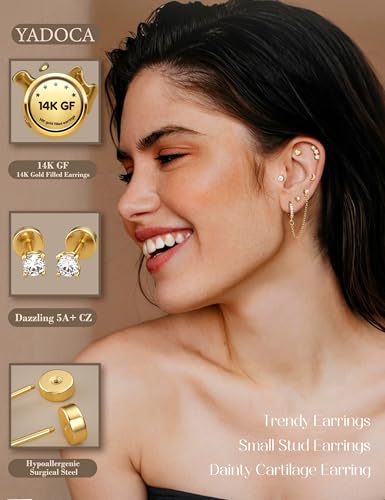 YADOCA Gold Flat Back Earrings for Women, 14K Gold Plated Trendy Cartilage Earring Sets for Multiple Piercing Hypoallergenic Small Huggie Hoop Earrings Stacks with Dangle Chain Dainty Gold Stud Earrings2