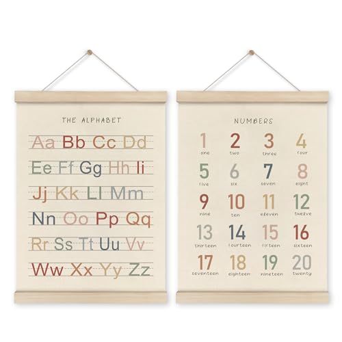 HRQKO Alphabet Numbers Poster Hanger Frame Set of 2, Nursery Wall Decor, ABC Banner Poster Wall Art with Wooden Frames, Alphabet Banner Wall Hanging Decor for Toddler Playroom Nursery, 12x16 Inch