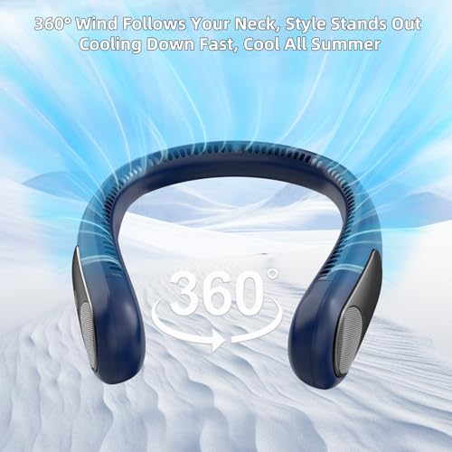 Image of Portable Neck Fan, Personal Wearable Bladeless Fan for Outdoor Indoor, LED Display, 360 Cooling, 4-Speeds, 6000mAh USB Rechargeable, Birthday Gifts for Men Women Dad Mom (Blue)