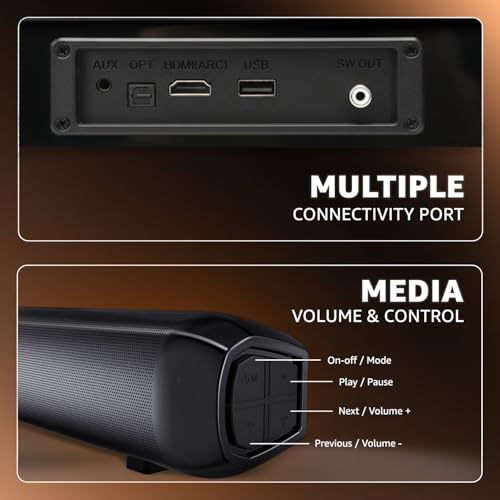 Image of amazon basics 90W Soundbar with Wired Subwoofer | 2.1 Channel Home Theatre|Bluetooth 5.3, HDMI ARC, USB, AUX | Deep Bass Subwoofer | Remote Control | Soundbar for Smart TVs, Gaming & Music (Black)
