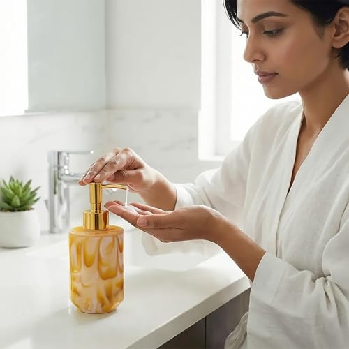 Image of Luxe Home International Marble Pattern Plastic Soap Dispenser for Bathroom and Kitchen Sink Leak Proof Liquid Hand Wash Round Bottle Lightweight Smooth Finish (17x8 cm Yellow) Pack of 1