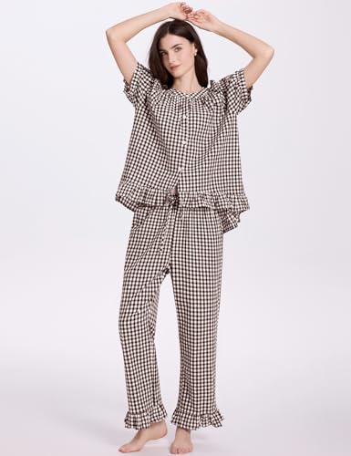 COZYPOIN Womens Gingham Pajama Set 2 Piece Plaid Cotton Pjs Cute Ruffle Sleepwear Maternity Bridesmaid Pajamas Loungewear2