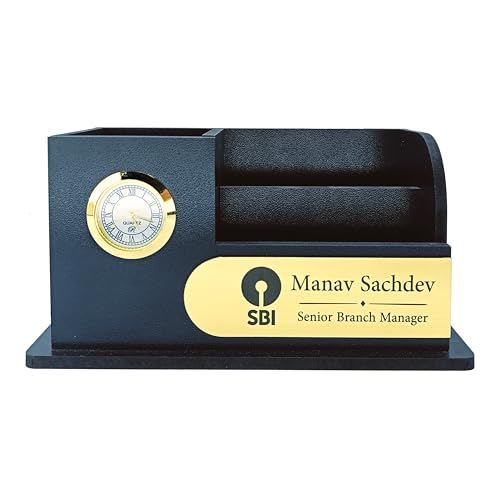 Image of AJANTA ROYAL Elegant Desktop Organizer with Clock, Pen Stand & Phone Holder & Personalized Name Tag, A unique corporate gift. (Black)
