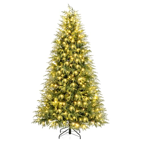 Image of Goplus 7 FT Pre-Lit Artificial Christmas Tree, Hinged Faux Xmas Tree with 1217 Soft TPE & PVC Mixed Branch Tips, 400 Warm White LED Lights, Foldable Metal Stand, Holiday Party Home Office Decoration