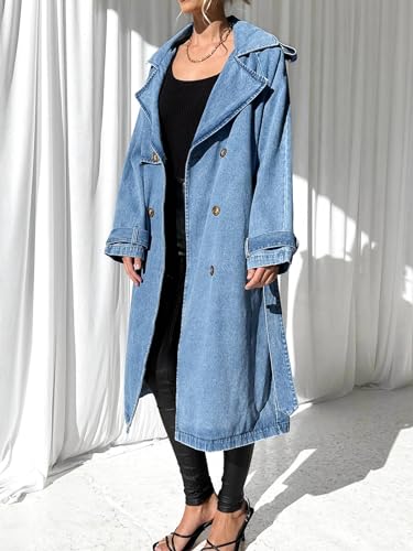 Fazortev Women's Long Double Breasted Denim Jacket Oversized Button Down Maxi Jean Coat Classic Lapel Outercoat4