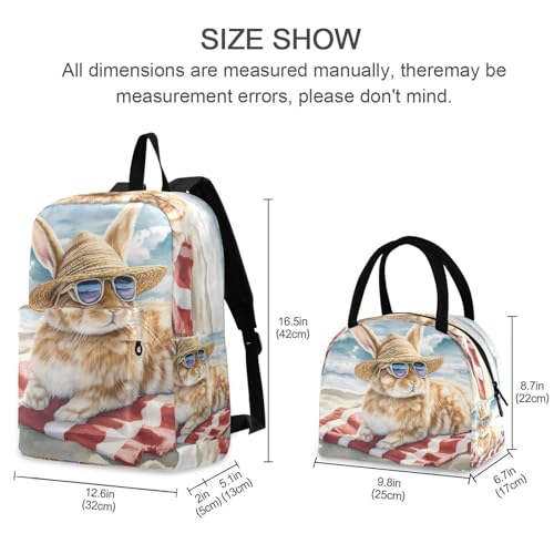 Backpack Lunch Box Set Large Capacity Travel Backpacks and Insulated Lunch Bag for Commute Hiking Picnic Rabbit on Beach Print2