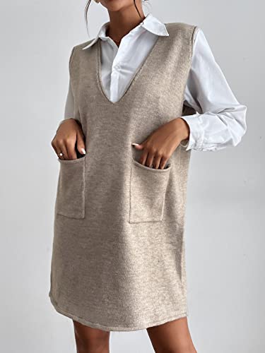 Image of SHENHE Women's V Neck Sleeveless Knit Sweater Vest Dress Overall Shift Dress with Pockets Khaki M