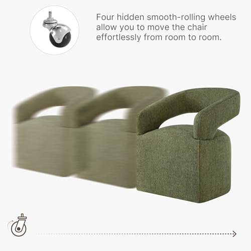 Image of KISLOT Upholstered Dining Chairs Set of 4, Modern Rolling Dining Chairs with Hidden Casters, Arm Kitchen Chairs with Linen Look Fabric, Padded Barrel Chairs for Dining Room, Kitchen, Bedroom, Green