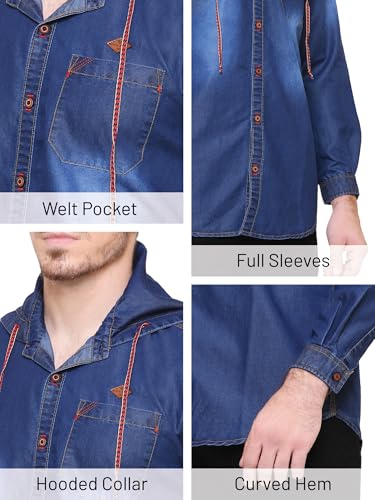 Image of Kuons Avenue Men's Denim Hooded Casual Shirt | Full Sleeve | Regular Fit | Hooded Collar - Stylish Everyday Wear