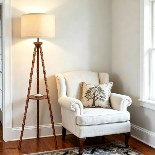 Image of LAMSU Solid Wood Tripod Floor Lamp with Shelf, Mid Century Bobbin Standing Lamp with Fabric Shade and Foot Switch, Retro Farmhouse Tall Corner Lamps for Living Room Bedroom Office Reading, Brown