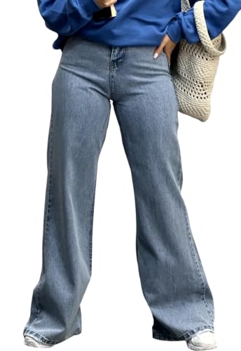 Image of Women's Straight Leg Jeans High Waisted Wide Leg Stretchy Baggy Denim Pants